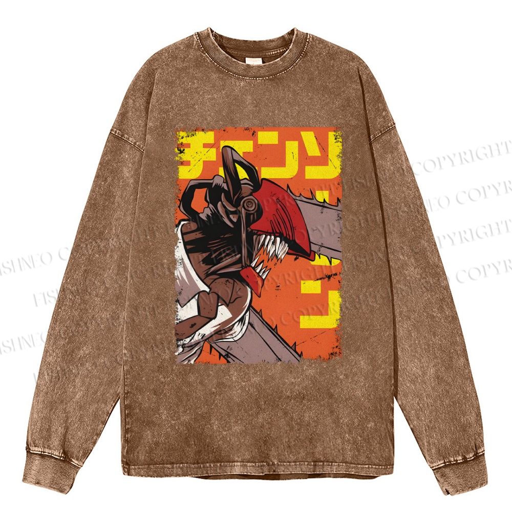 Unisex Casual Washed Chainsaw Man Printed Long Sleeve T-shirt