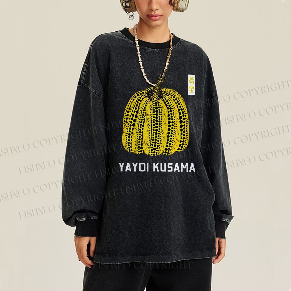 Unisex Casual Washed Yayoi Kusama Pumpkin Vintage Japanese Printed Long Sleeve T-shirt