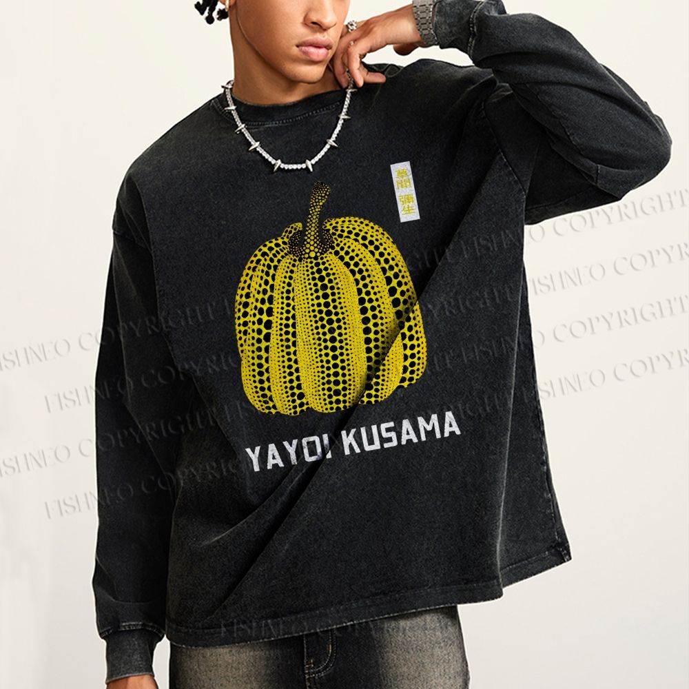 Unisex Casual Washed Yayoi Kusama Pumpkin Vintage Japanese Printed Long Sleeve T-shirt