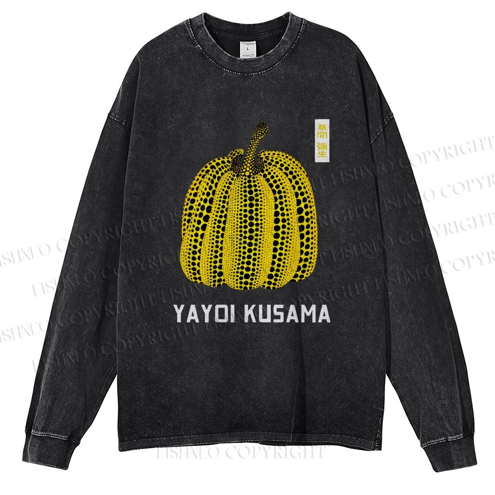 Unisex Casual Washed Yayoi Kusama Pumpkin Vintage Japanese Printed Long Sleeve T-shirt