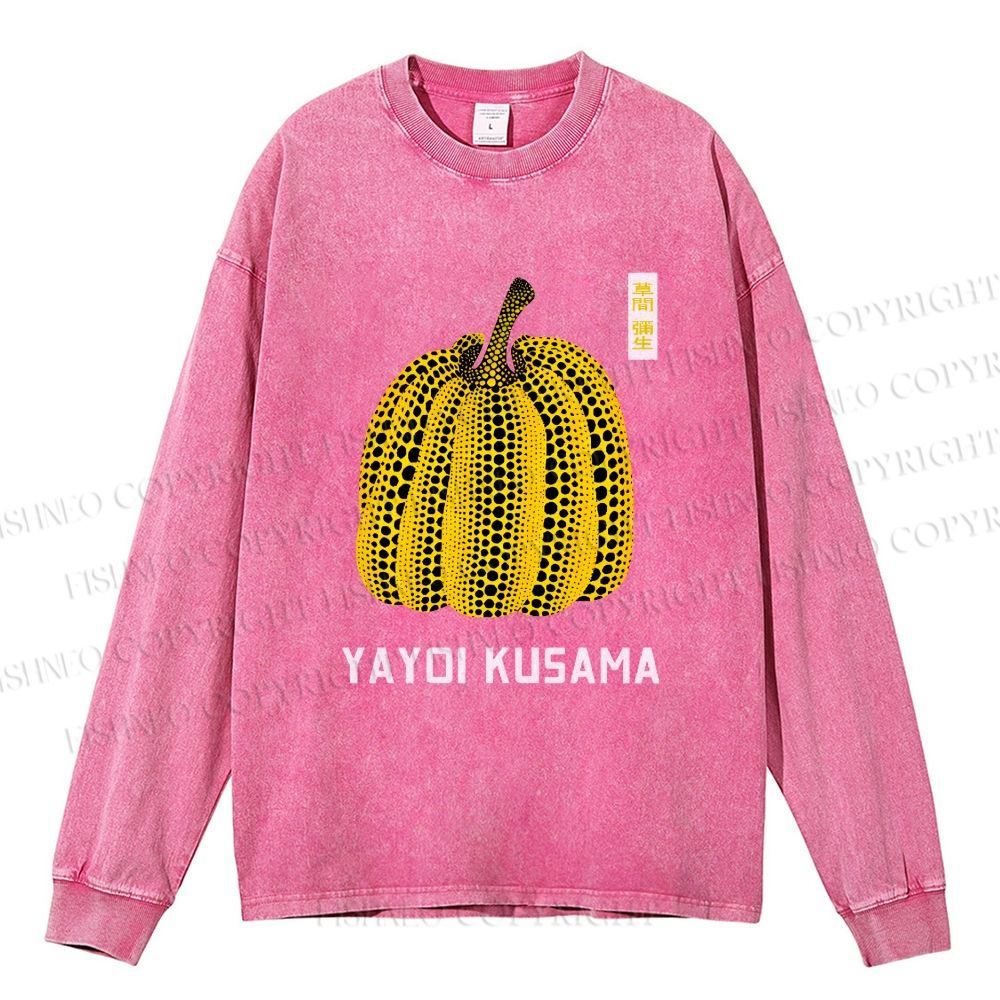 Unisex Casual Washed Yayoi Kusama Pumpkin Vintage Japanese Printed Long Sleeve T-shirt
