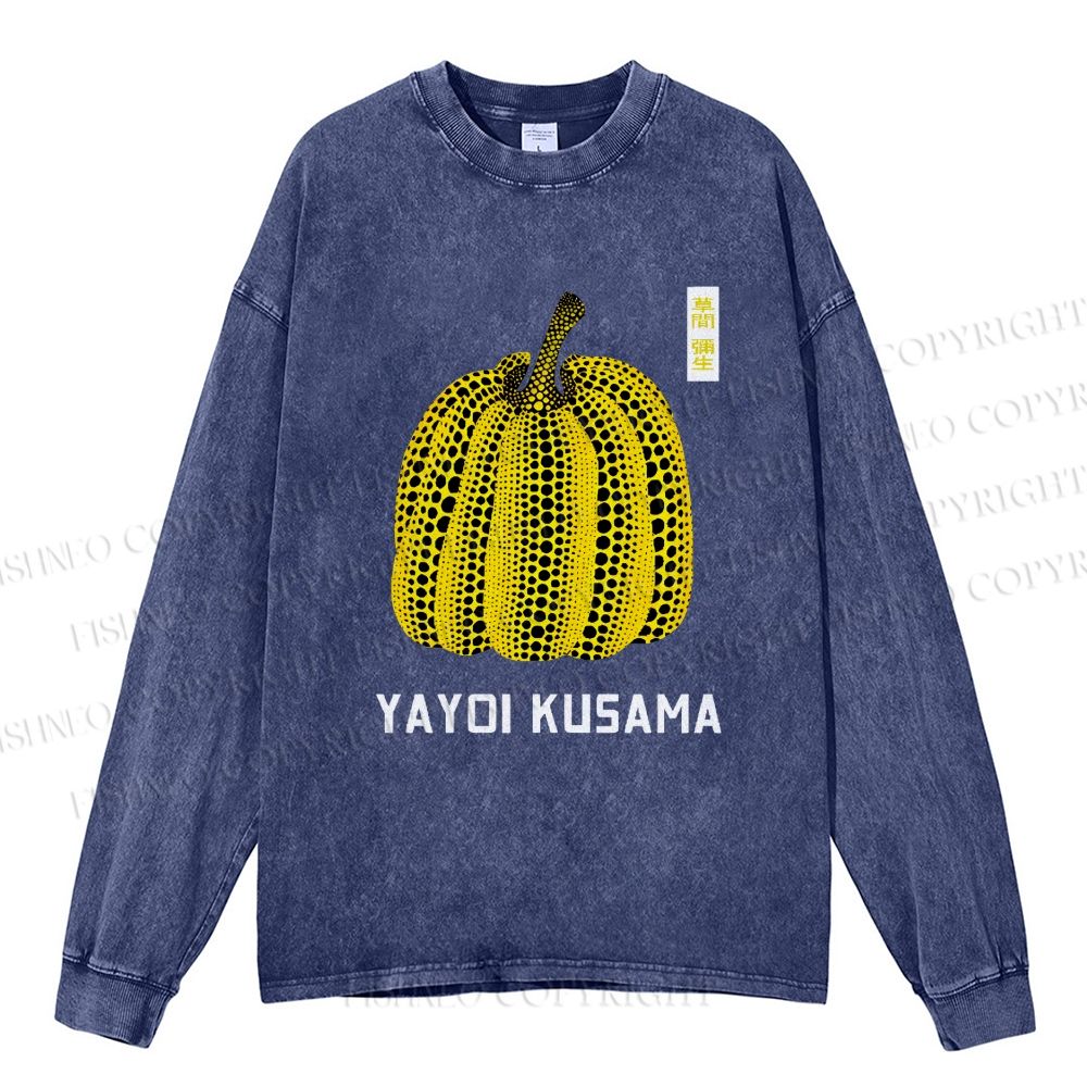 Unisex Casual Washed Yayoi Kusama Pumpkin Vintage Japanese Printed Long Sleeve T-shirt