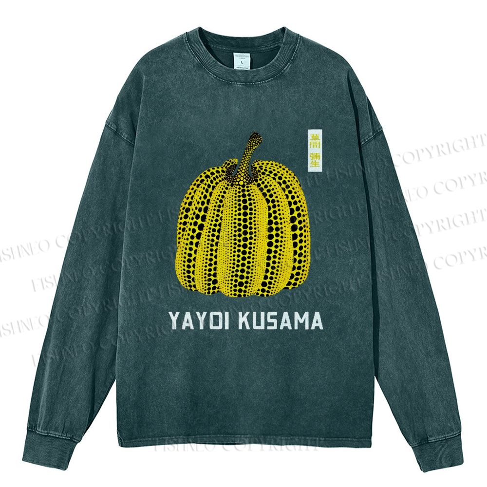 Unisex Casual Washed Yayoi Kusama Pumpkin Vintage Japanese Printed Long Sleeve T-shirt