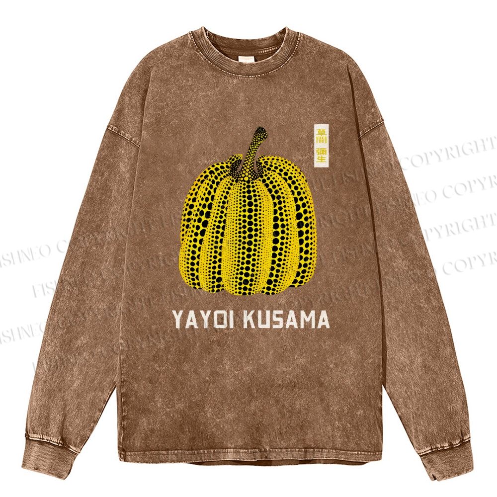 Unisex Casual Washed Yayoi Kusama Pumpkin Vintage Japanese Printed Long Sleeve T-shirt