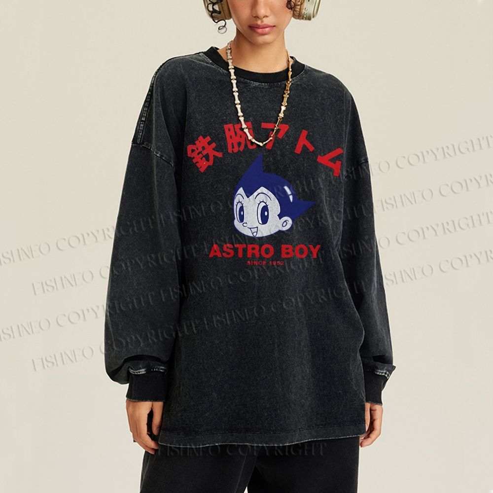 Unisex Casual Washed Astro Boy Printed Long Sleeve T-shirt