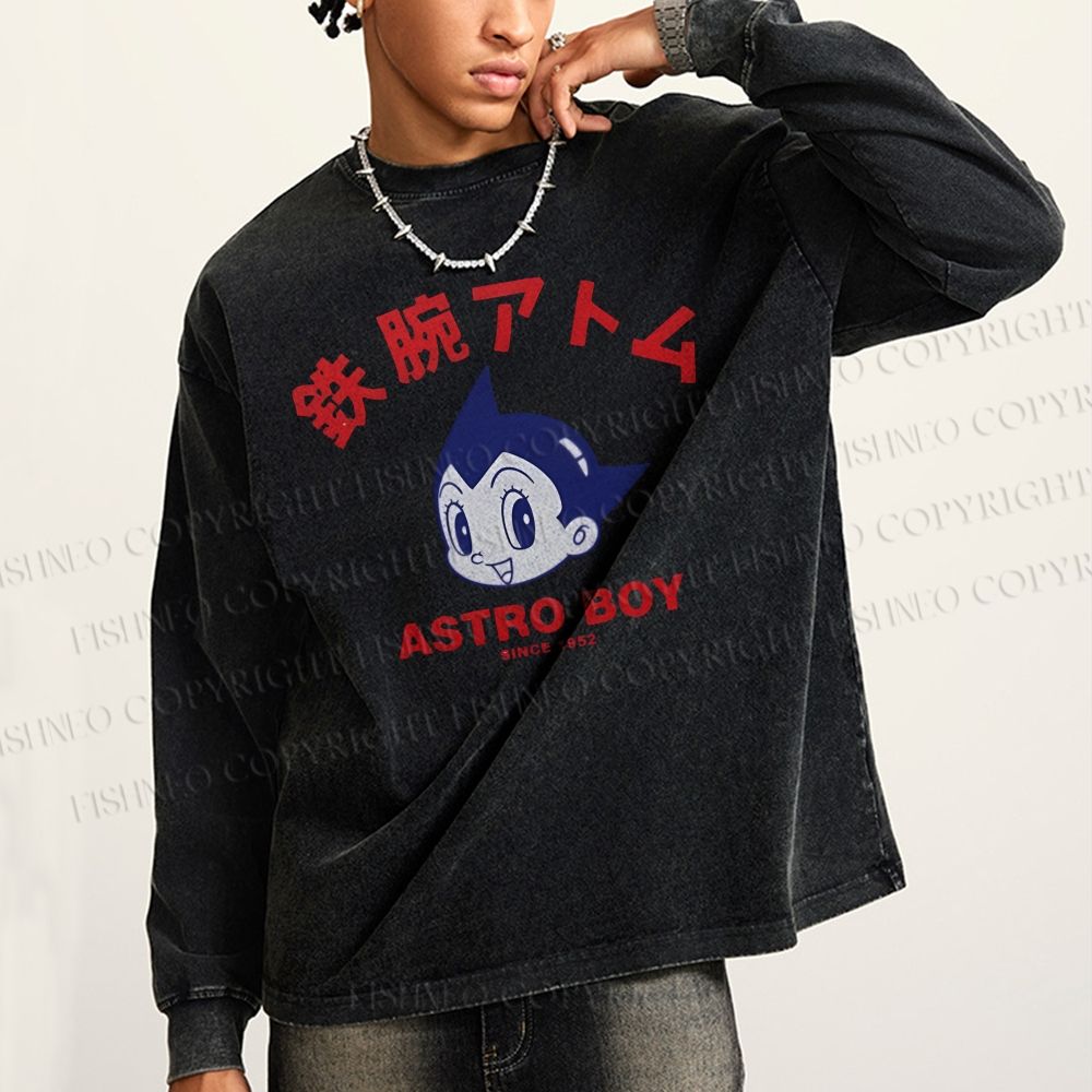 Unisex Casual Washed Astro Boy Printed Long Sleeve T-shirt
