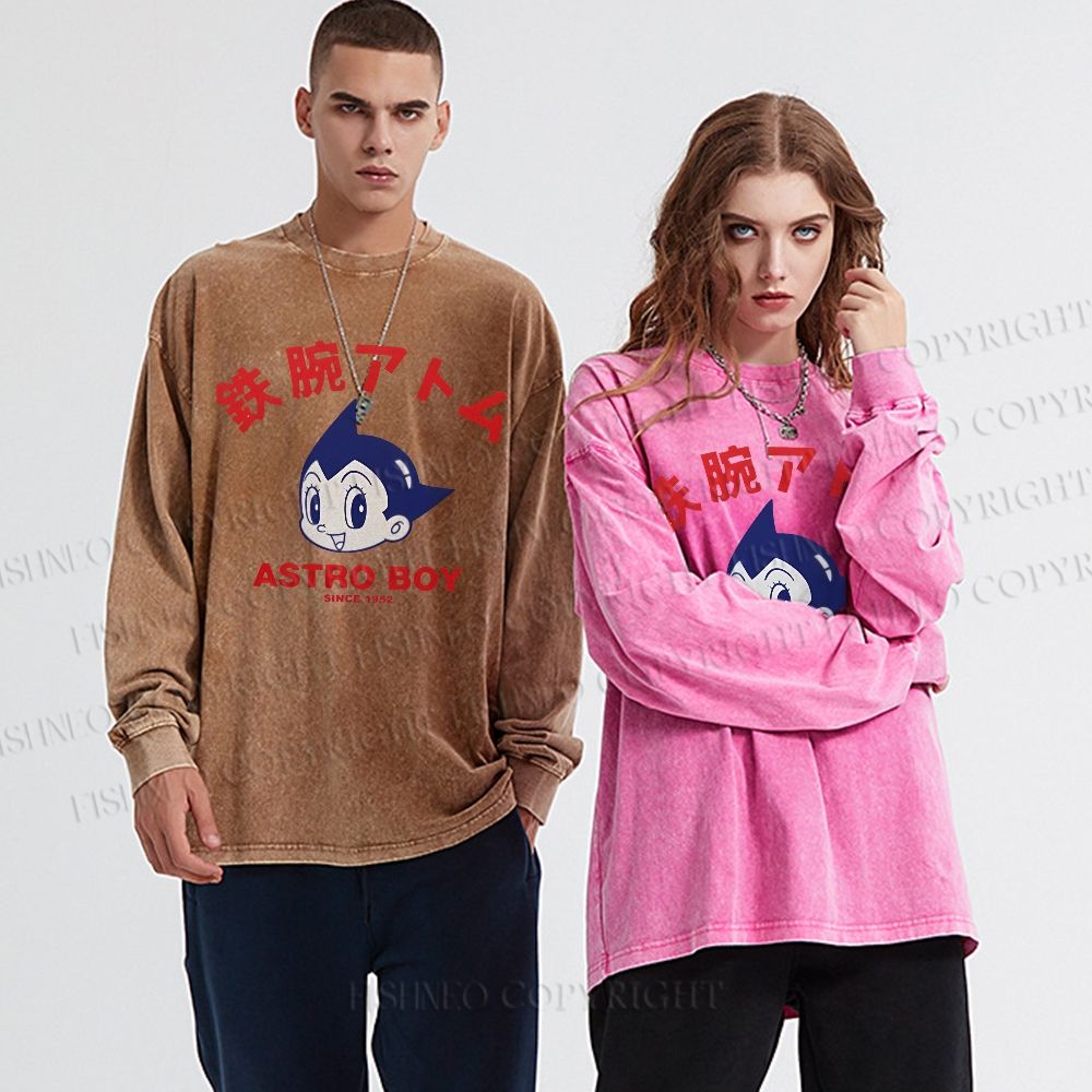 Unisex Casual Washed Astro Boy Printed Long Sleeve T-shirt