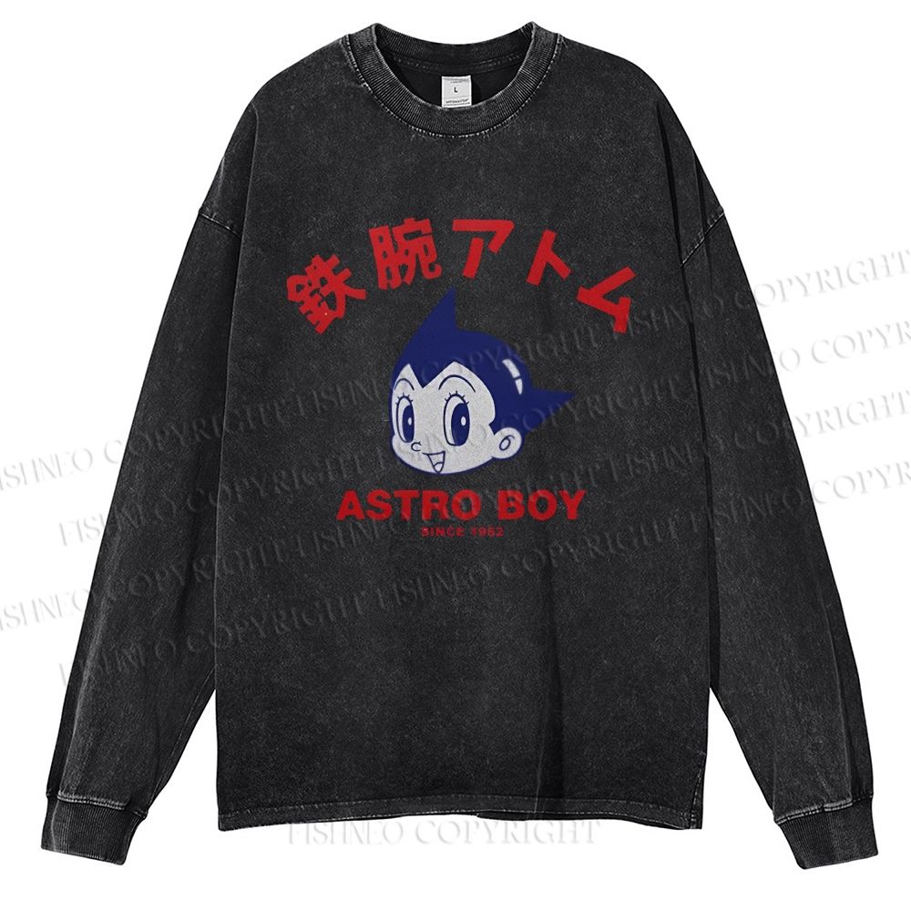 Unisex Casual Washed Astro Boy Printed Long Sleeve T-shirt