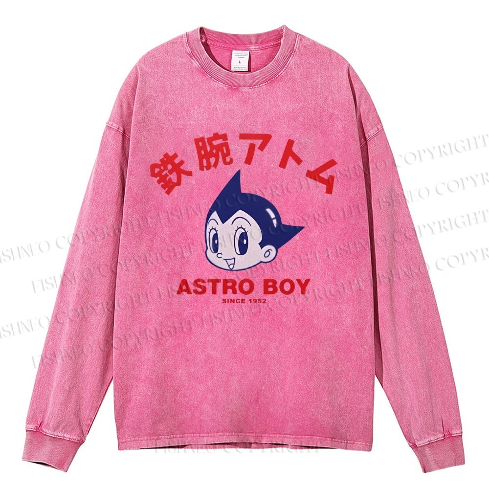 Unisex Casual Washed Astro Boy Printed Long Sleeve T-shirt