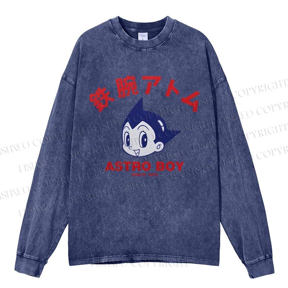Unisex Casual Washed Astro Boy Printed Long Sleeve T-shirt