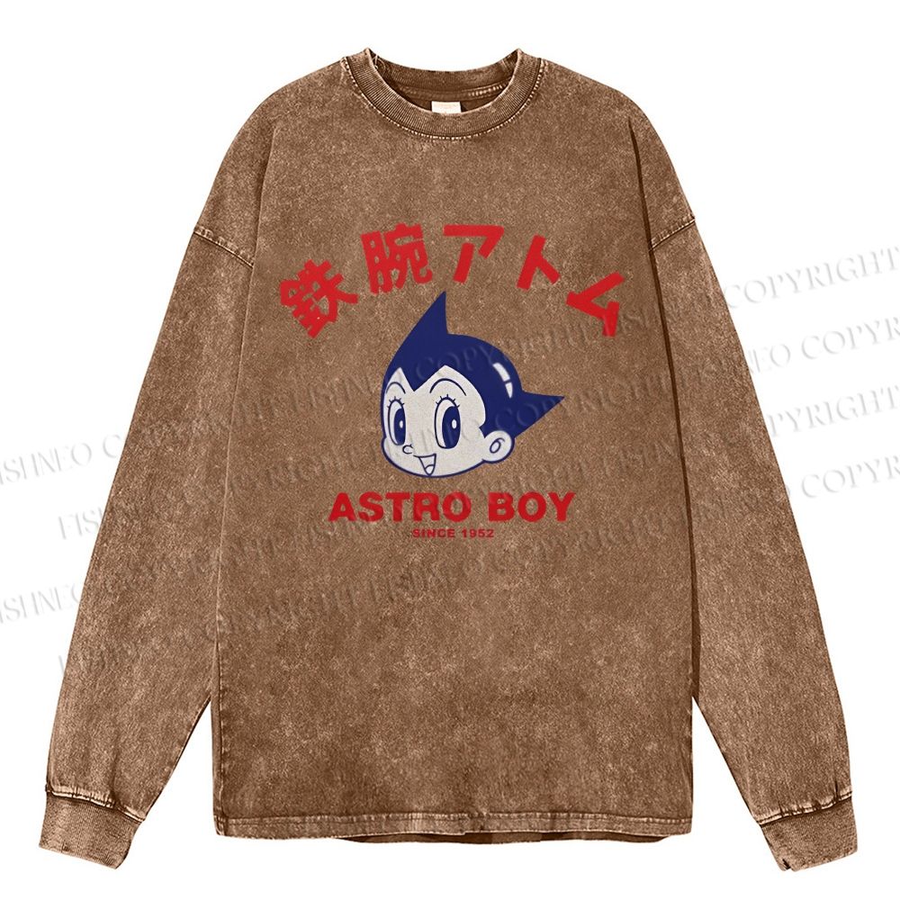 Unisex Casual Washed Astro Boy Printed Long Sleeve T-shirt