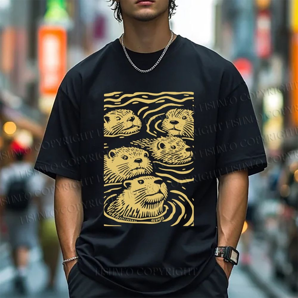 Unisex Classic Cotton Woodcut Otter Printed T-shirt