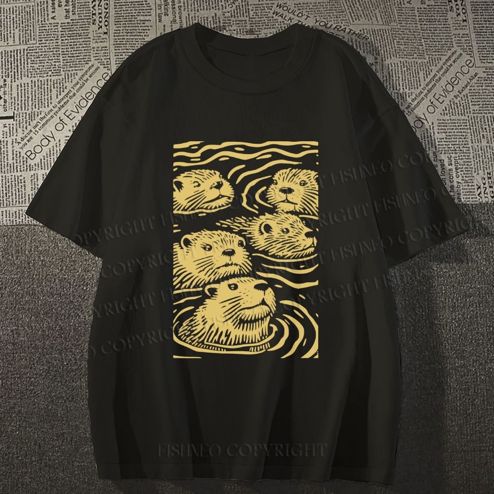 Unisex Classic Cotton Woodcut Otter Printed T-shirt