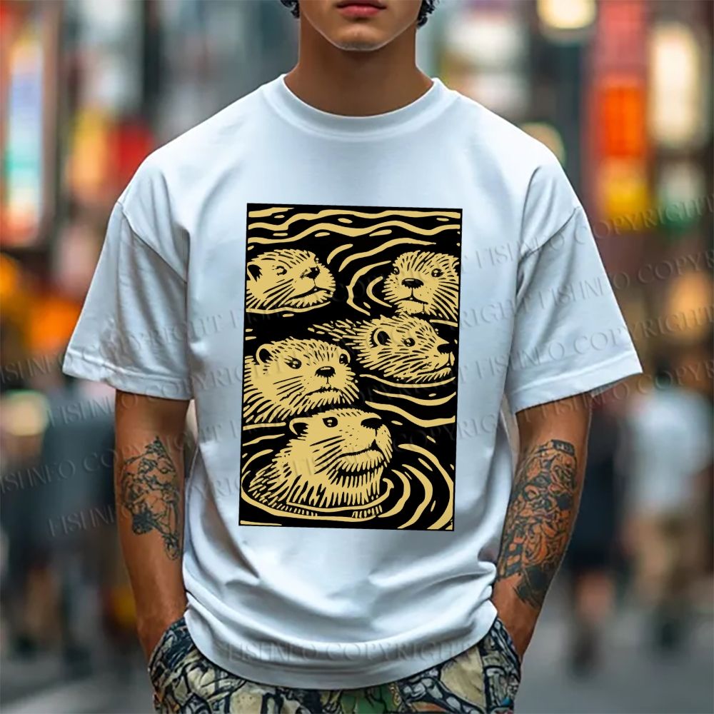 Unisex Classic Cotton Woodcut Otter Printed T-shirt