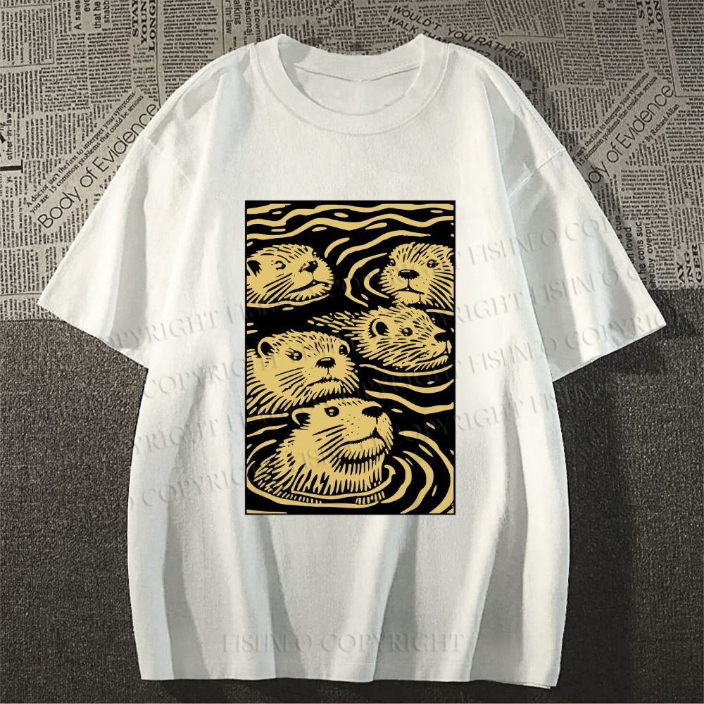 Unisex Classic Cotton Woodcut Otter Printed T-shirt