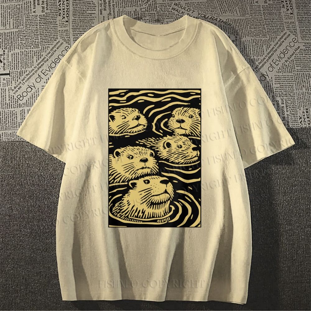 Unisex Classic Cotton Woodcut Otter Printed T-shirt