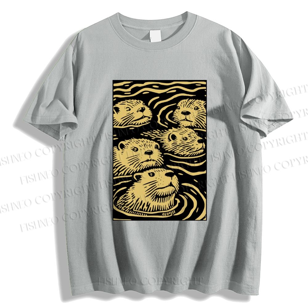 Unisex Classic Cotton Woodcut Otter Printed T-shirt