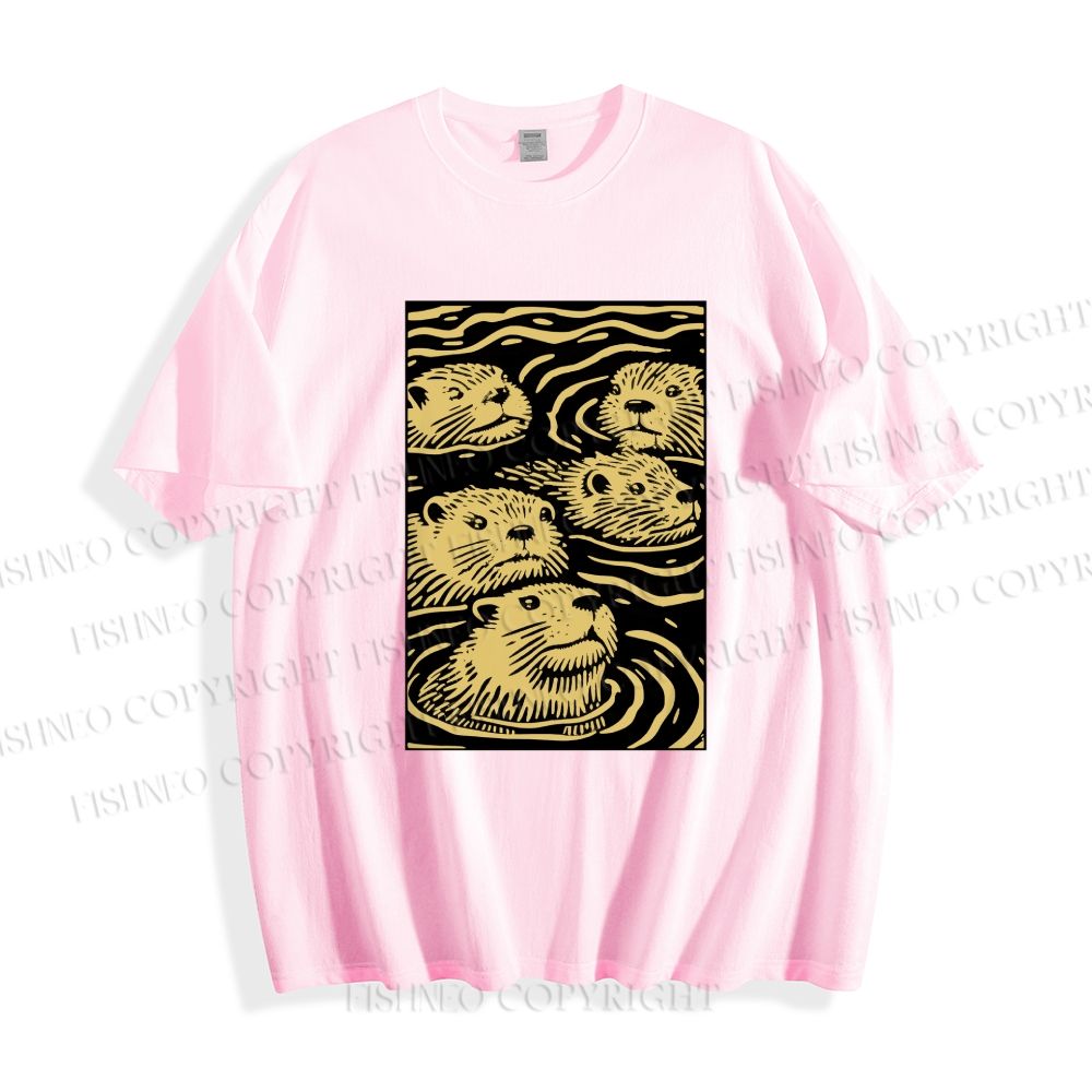 Unisex Classic Cotton Woodcut Otter Printed T-shirt
