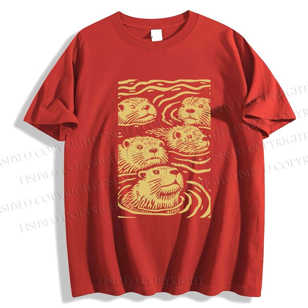 Unisex Classic Cotton Woodcut Otter Printed T-shirt