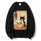 Unisex Ramen Black Cat Printed Sweatshirt