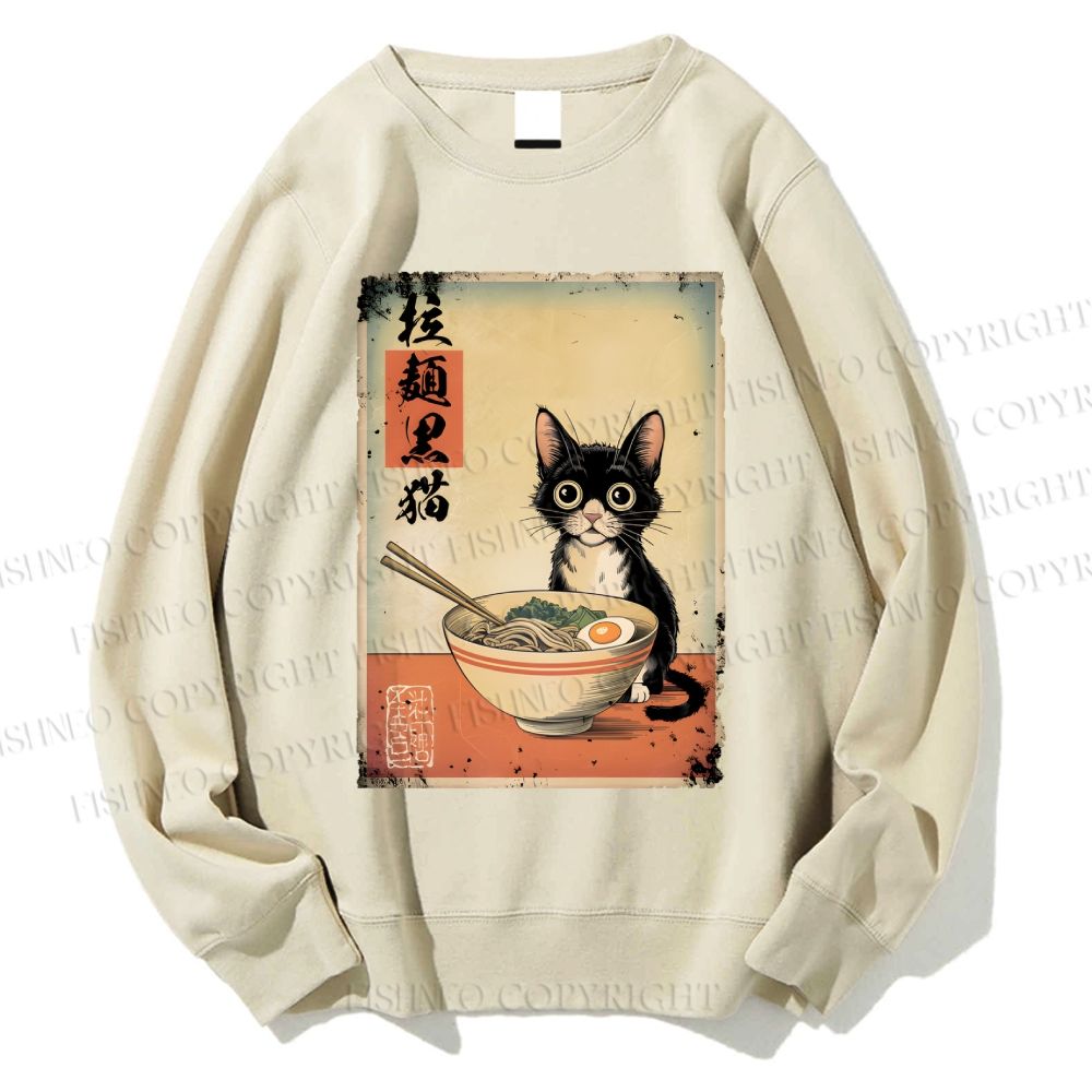 Unisex Ramen Black Cat Printed Sweatshirt