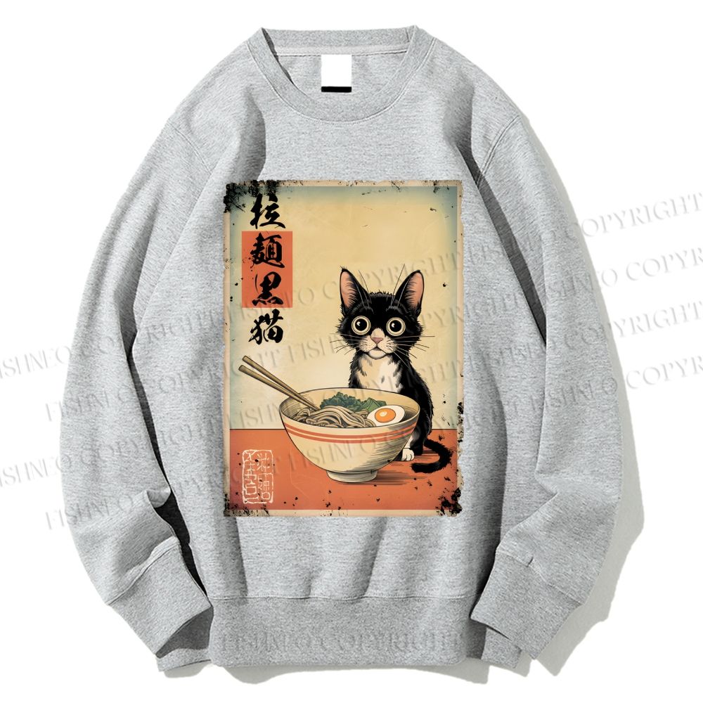 Unisex Ramen Black Cat Printed Sweatshirt