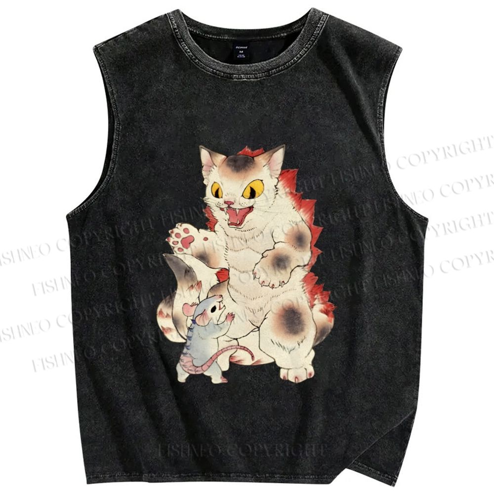Unisex Japanese Ukiyo-e Catzilla Printed Washed Tank Top