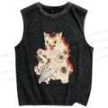 Unisex Japanese Ukiyo-e Catzilla Printed Washed Tank Top