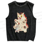 Unisex Japanese Ukiyo-e Catzilla Printed Washed Tank Top