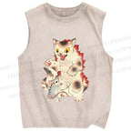 Unisex Japanese Ukiyo-e Catzilla Printed Washed Tank Top