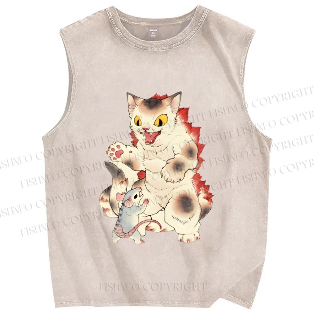 Unisex Japanese Ukiyo-e Catzilla Printed Washed Tank Top