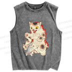 Unisex Japanese Ukiyo-e Catzilla Printed Washed Tank Top