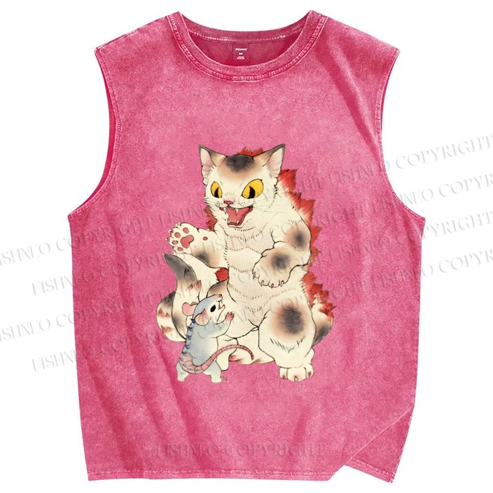 Unisex Japanese Ukiyo-e Catzilla Printed Washed Tank Top