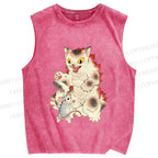 Unisex Japanese Ukiyo-e Catzilla Printed Washed Tank Top