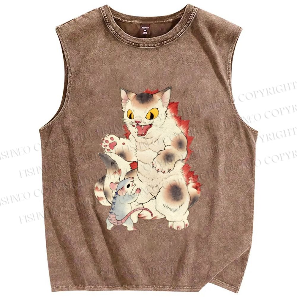 Unisex Japanese Ukiyo-e Catzilla Printed Washed Tank Top