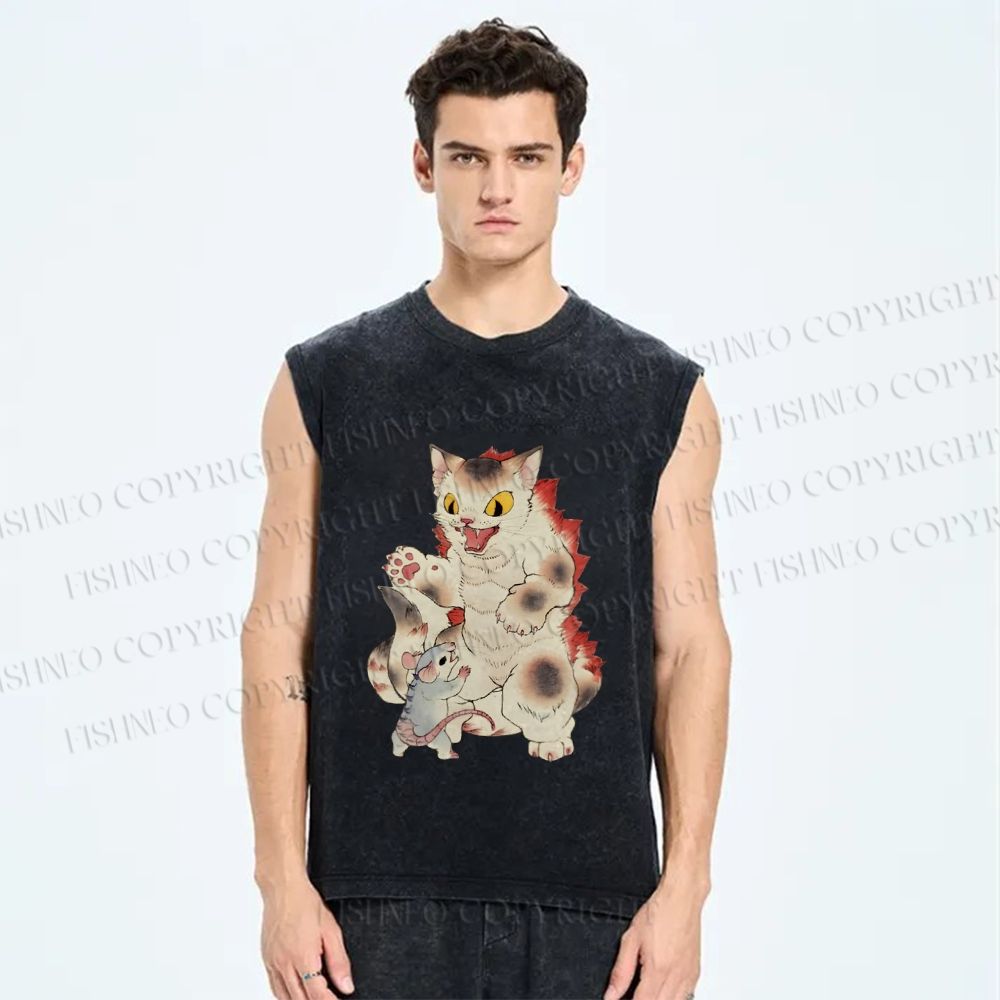 Unisex Japanese Ukiyo-e Catzilla Printed Washed Tank Top