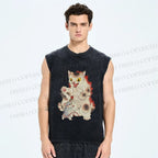 Unisex Japanese Ukiyo-e Catzilla Printed Washed Tank Top