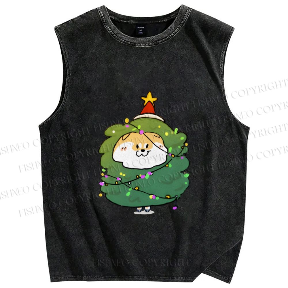 Unisex Shiba Dog Christmas Tree Printed Washed Tank Top