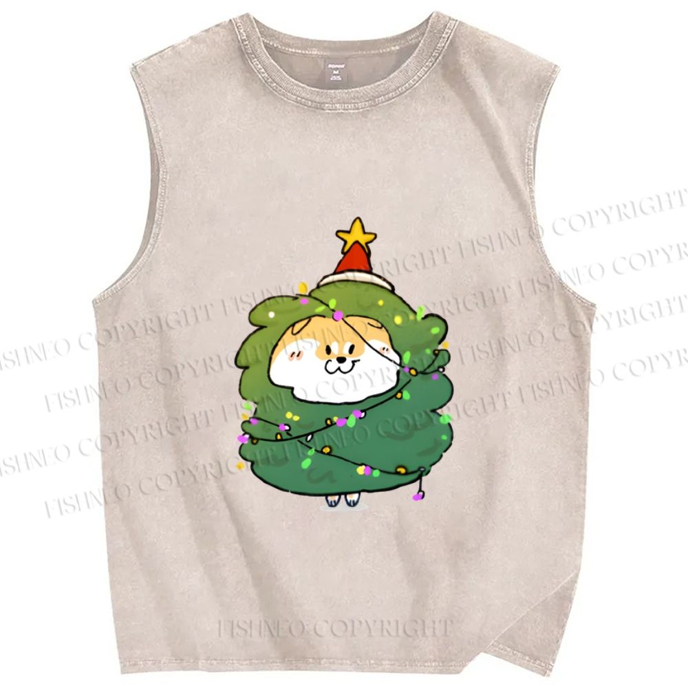 Unisex Shiba Dog Christmas Tree Printed Washed Tank Top
