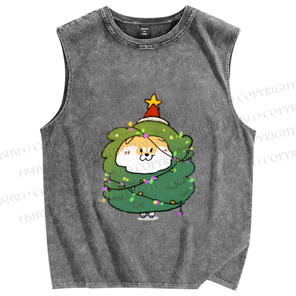 Unisex Shiba Dog Christmas Tree Printed Washed Tank Top