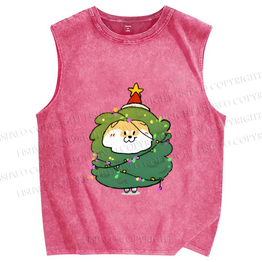 Unisex Shiba Dog Christmas Tree Printed Washed Tank Top