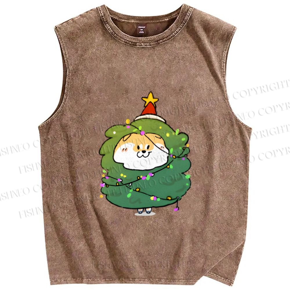 Unisex Shiba Dog Christmas Tree Printed Washed Tank Top