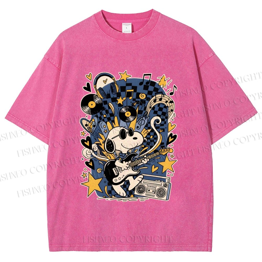 Unisex Snoopy Playing Music Printed Washed Tee