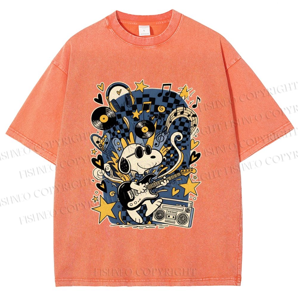 Unisex Snoopy Playing Music Printed Washed Tee