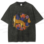 Unisex Panther in Plants Printed Washed Tee