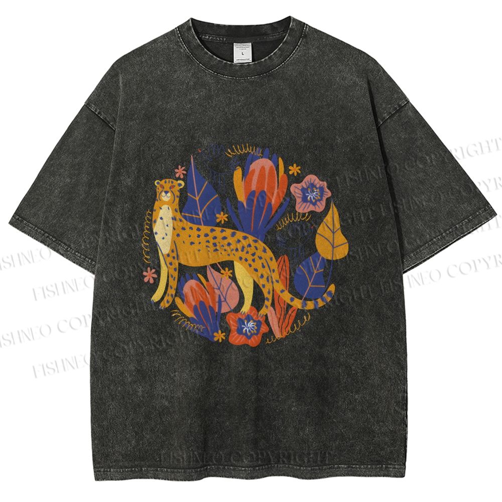 Unisex Panther in Plants Printed Washed Tee