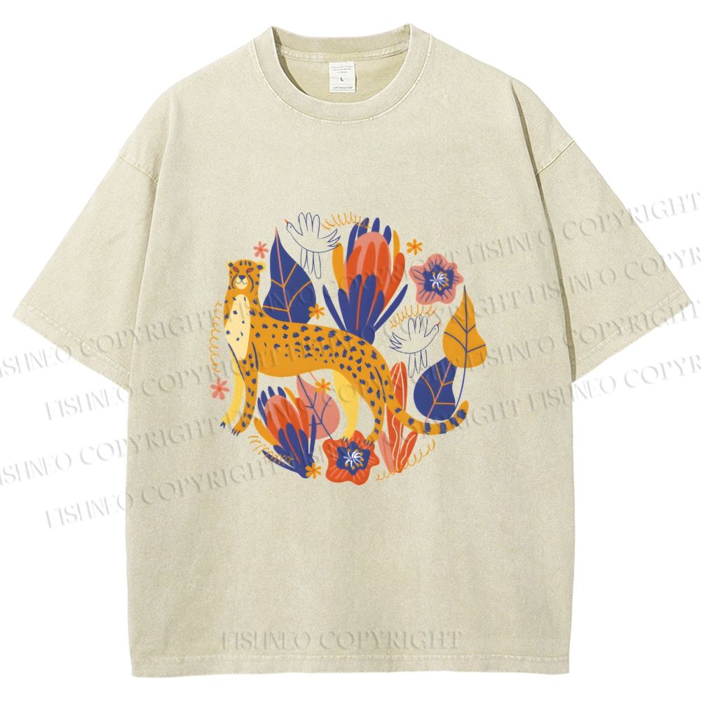Unisex Panther in Plants Printed Washed Tee