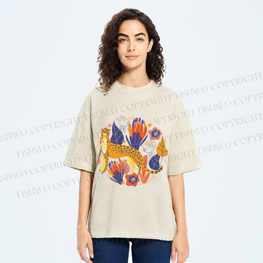 Unisex Panther in Plants Printed Washed Tee