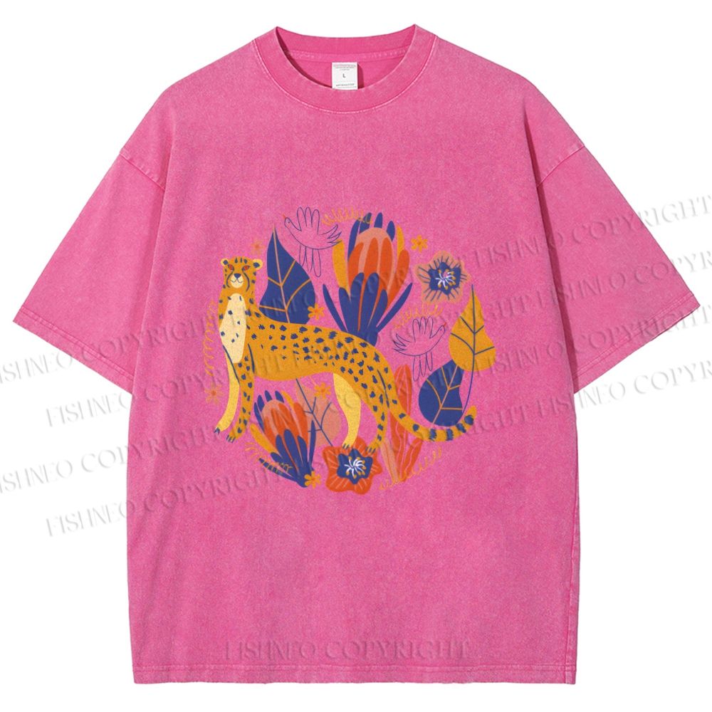 Unisex Panther in Plants Printed Washed Tee