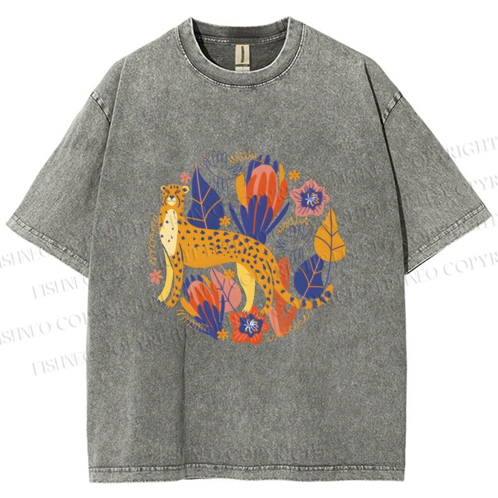 Unisex Panther in Plants Printed Washed Tee